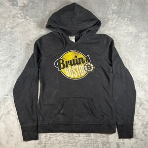 NHL Boston Bruins Hoodie Black Graphic V-Neck Sweatshirt Womens Small Distressed